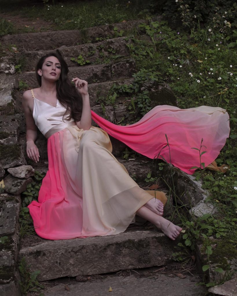 Long radiant color princess dress pink and yellow Long dress with radiant color from pink to yellow SAROSSOW, Collection Powerful Elegance of nature