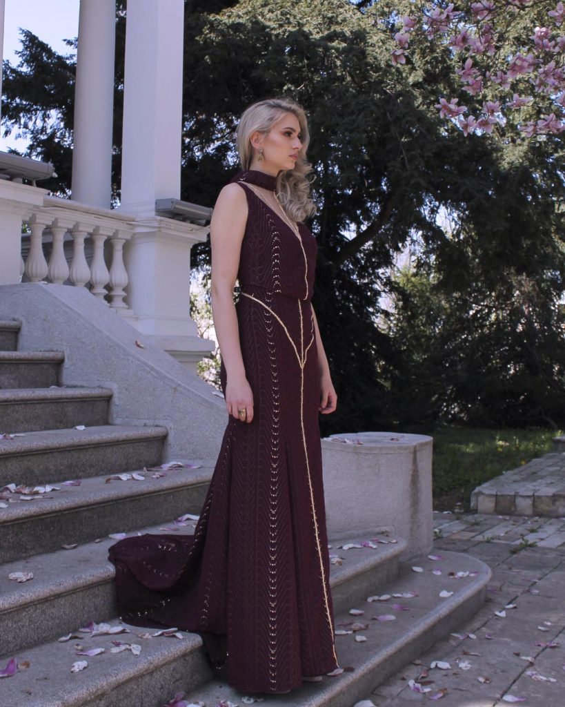 Long burgundy dress with embroidery Timeless poetry collection Long burgundy couture dress with embroidery SAROSSOW, Timeless poetry collection, sirene shape of dress